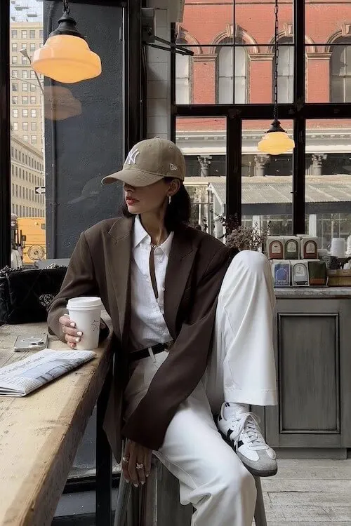 Smart-casual Adidas Samba Outfits featuring a brown oversized blazer layered over a white shirt and white wide-leg trousers, topped with a beige cap and white Samba sneakers.