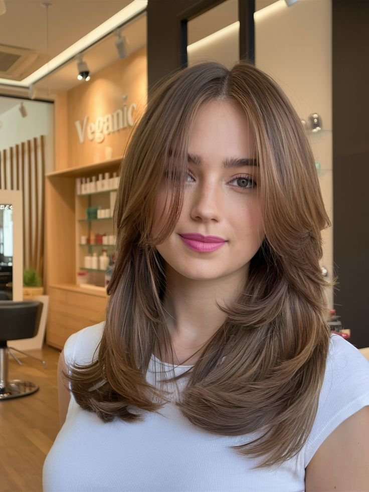 Cute Hairstyles for Short Hair with soft layers, voluminous ends, and a blowout finish, complemented by bright pink lipstick.