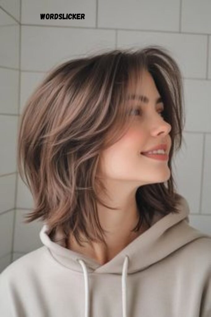 Cute Hairstyles for Short Hair styled in soft, feathered layers with curtain bangs, giving a fresh and breezy hoodie look.