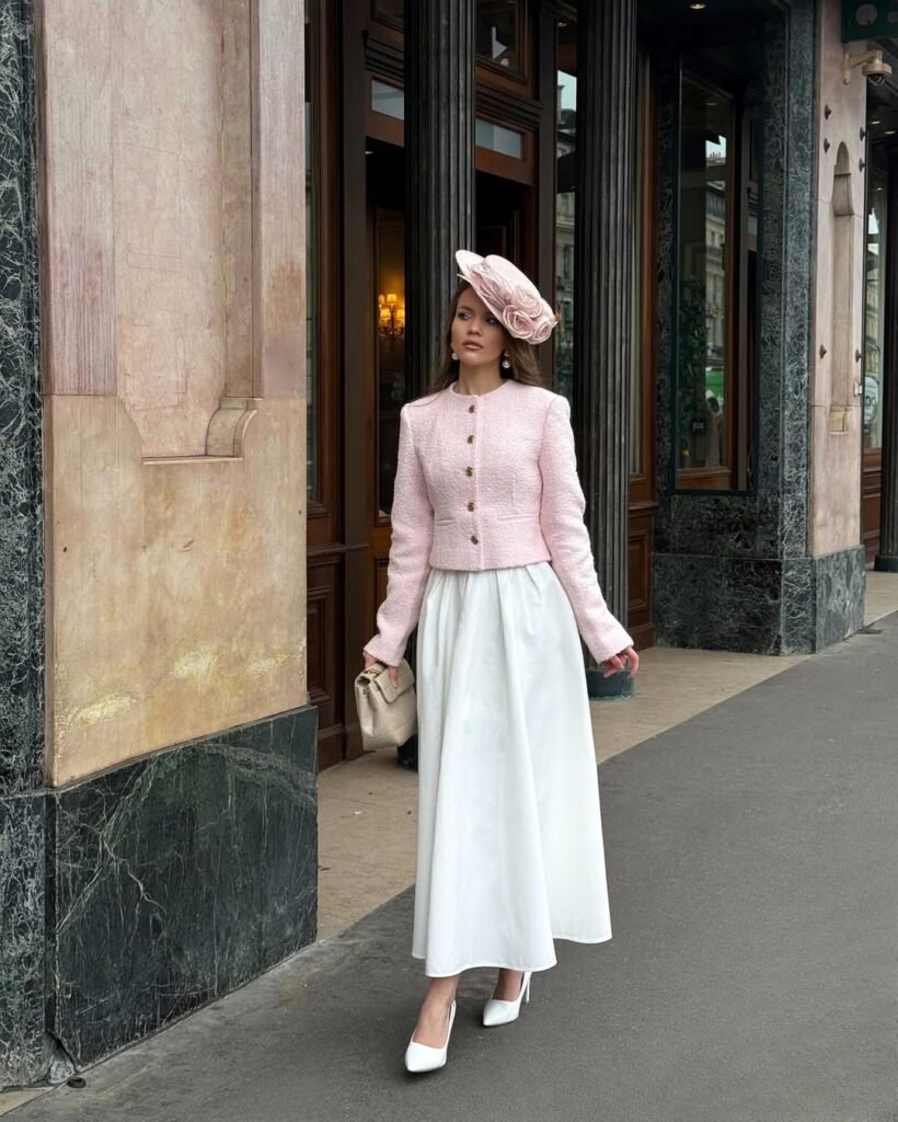 A woman in a pastel pink buttoned jacket, long white skirt, white heels, and a large floral fascinator, walking past a grand building – royal-inspired old money spring outfit.