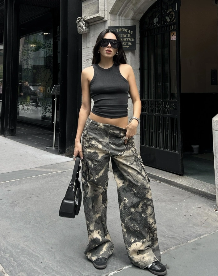 Street-style Camouflage Pants Outfit styled with washed wide-leg camo cargos, a fitted dark tank top, and chunky accessories.