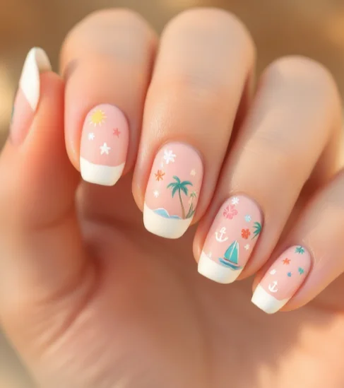 Summer-themed acrylic nails with palm trees, anchors, and ocean art in a French tip design.