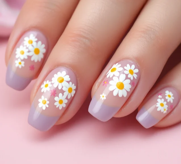 Clear acrylic nails with purple French tips and scattered white daisies for a subtle floral design