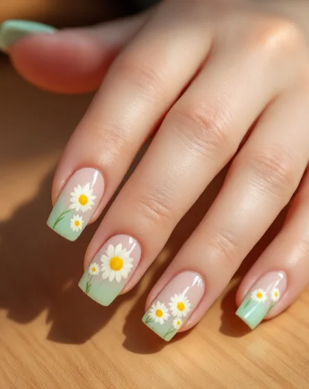Light green acrylic nails with hand-painted white daisy flowers.