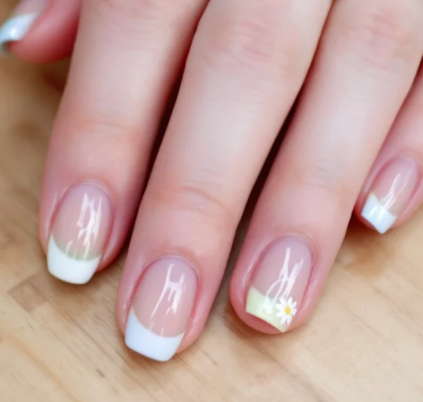 Simple French tip acrylic nails with soft green accents and a tiny daisy design.