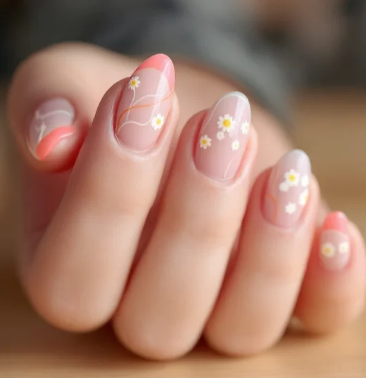 Nude pink acrylic nails featuring delicate floral artwork and coral French tips.