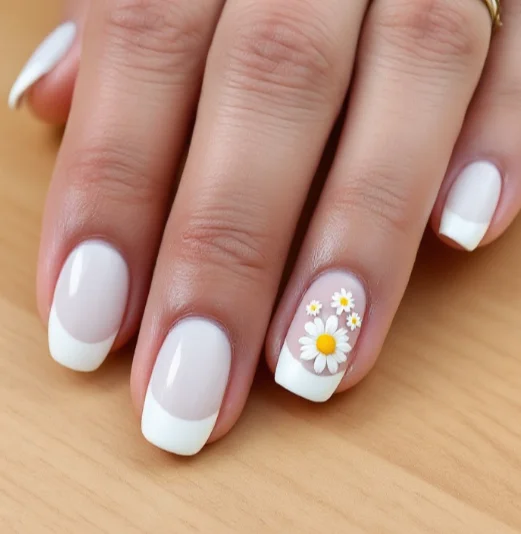 Classic white French tip acrylic nails with a small daisy flower cluster on the ring finger.