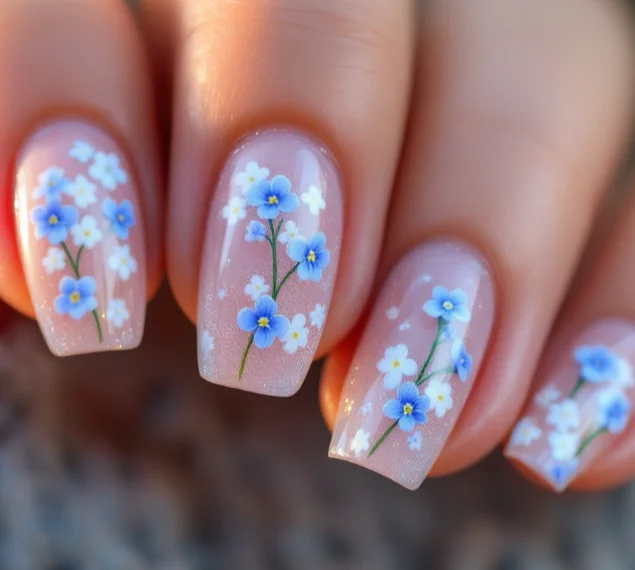 Clear acrylic nails with vibrant blue and white floral designs.