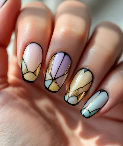 Stained glass-inspired acrylic nails with outlined pastel and gold patterns.