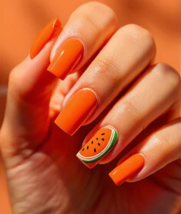 Bright orange acrylic nails with a watermelon accent design on the ring finger