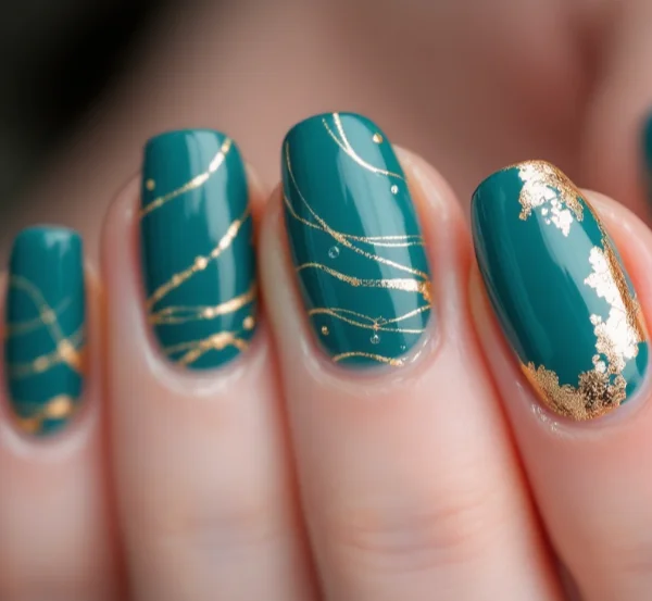 Teal acrylic nails with elegant gold foil and swirled line details.