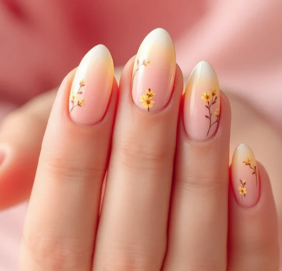 Almond-shaped ombre acrylic nails with delicate yellow flower accents for a soft floral look.