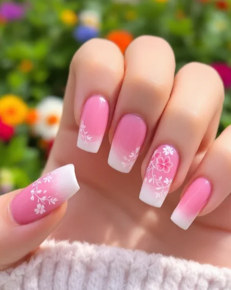 Pink and white acrylic nails featuring floral French tips and romantic spring-inspired designs.

