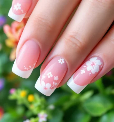  French tip acrylic nails with white hibiscus flower designs on a light pink base, perfect for summer.