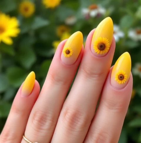 Bright yellow acrylic nails with realistic sunflower art, ideal for summer and outdoor events.