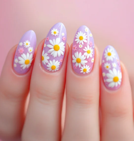 Lavender acrylic nails with 3D white daisies on an almond-shaped base for a playful garden look.
