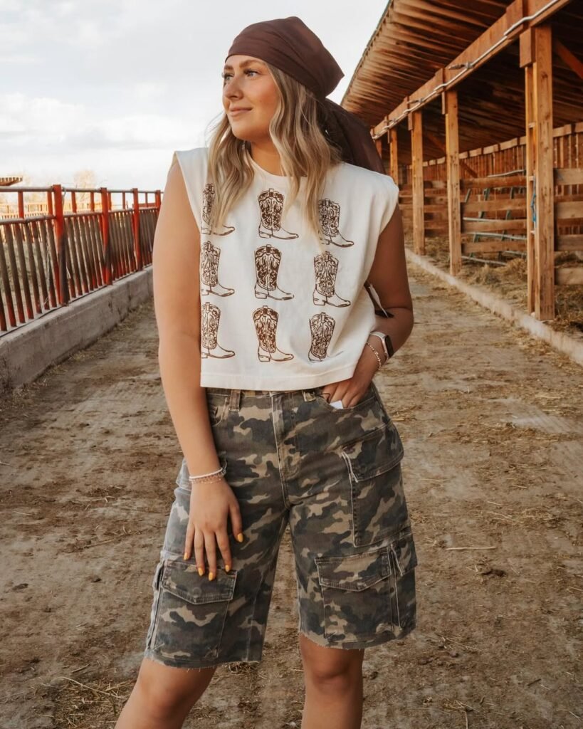 Laid-back Cargo Shorts Outfit with camo-print cargo shorts, a sleeveless graphic tee with cowboy boots, and a brown headscarf for a country-chic vibe.
