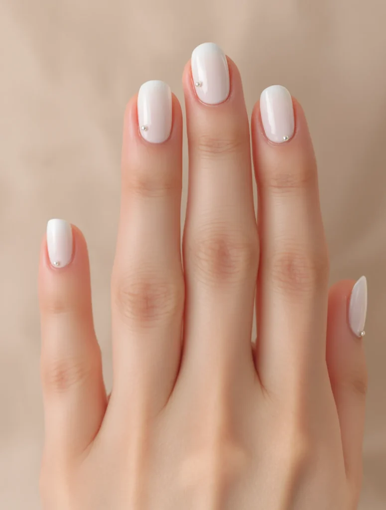 Minimalist White Summer Nails with tiny gem accents, combining simplicity and sparkle for a soft summer style.