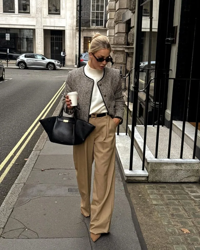Office outfit featuring a tweed cropped jacket over a white top, paired with high-waisted camel wide-leg trousers, pointed-toe heels, and a large black structured handbag.