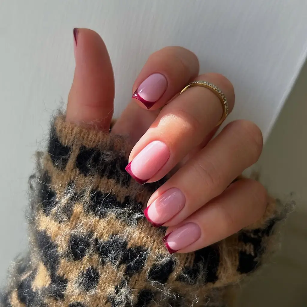 Short fall nail designs with light pink base and burgundy French tips.