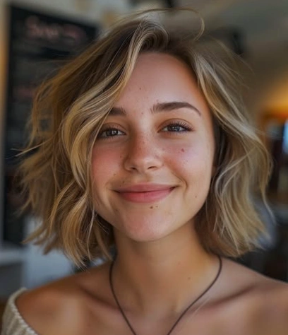 Hairstyles for Medium Length Hair in a tousled blonde bob with side part and soft waves, styled for a casual and fresh look.