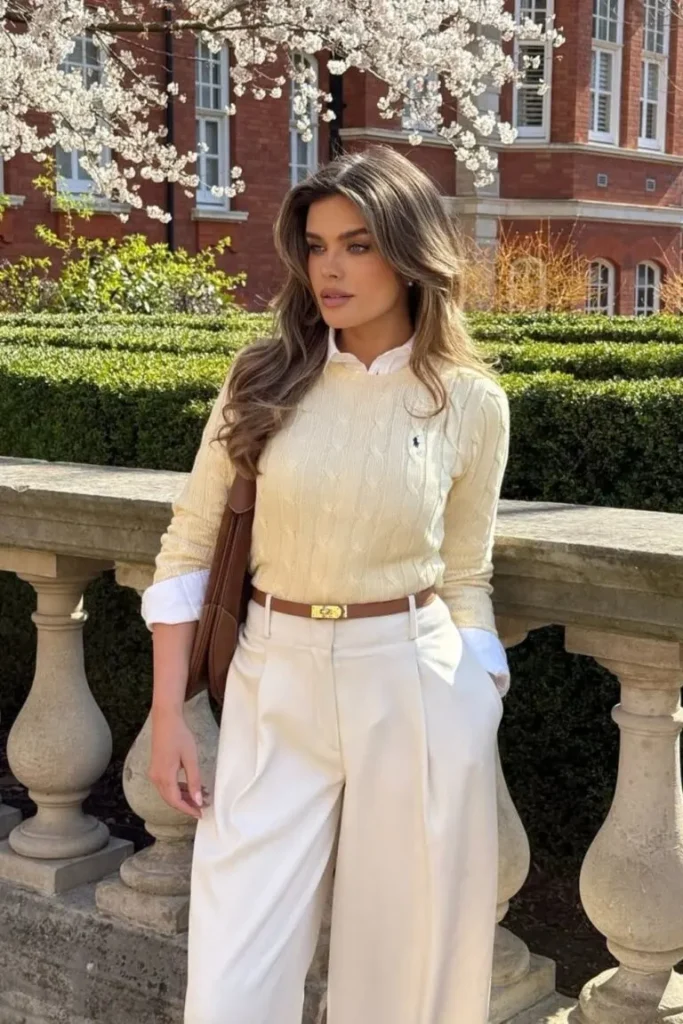 Old Money-Inspired Spring Outfit with a cream cable-knit sweater over a white shirt, paired with high-waisted ivory pleated trousers and a tan belt.