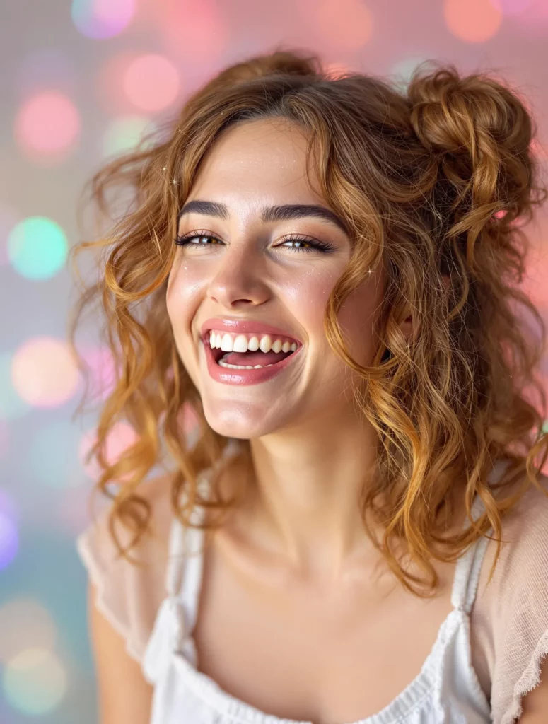 Hairstyles for Medium Length Hair with loose ginger curls styled into playful double space buns, perfect for a fun and youthful appearance.