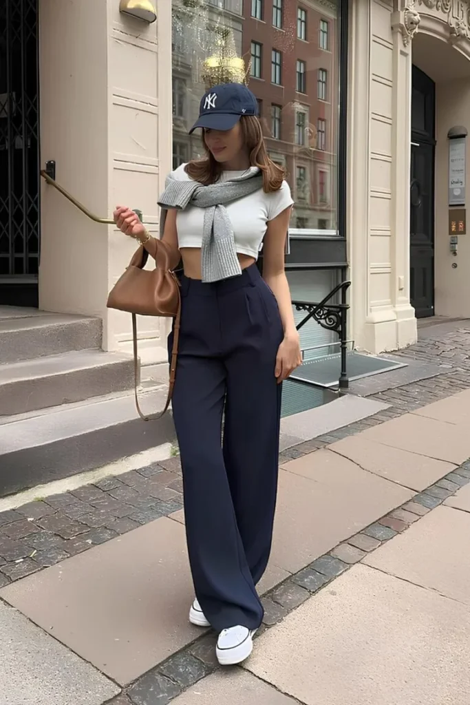 Spring Outfit Ideas in a cropped white tee, high-waisted navy trousers, and a New York cap, layered with a grey sweater and brown handbag.