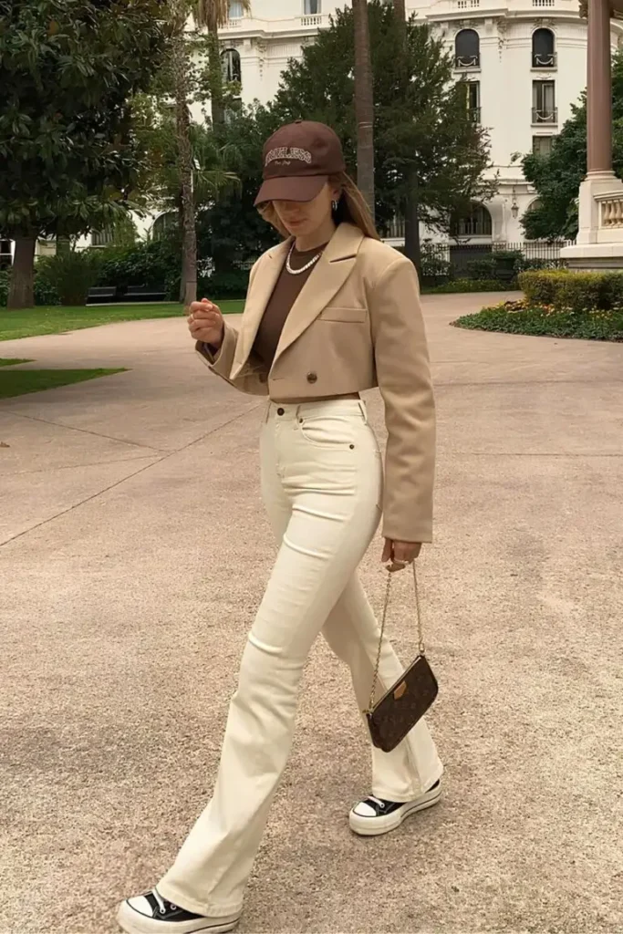 Spring Outfit Ideas in cream flare jeans, a cropped camel blazer, and a brown long-sleeve top, finished with a baseball cap and mini bag.
