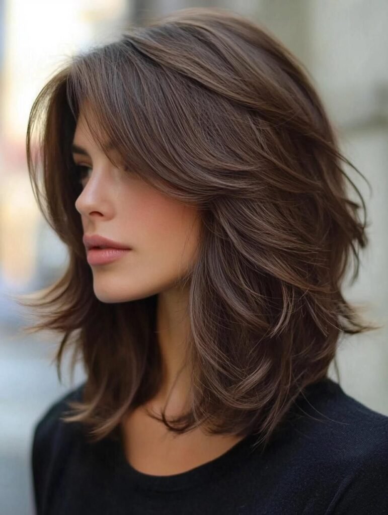 Hairstyles for Medium Length Hair with soft feathered layers and side-swept bangs, creating a voluminous and effortlessly chic look.