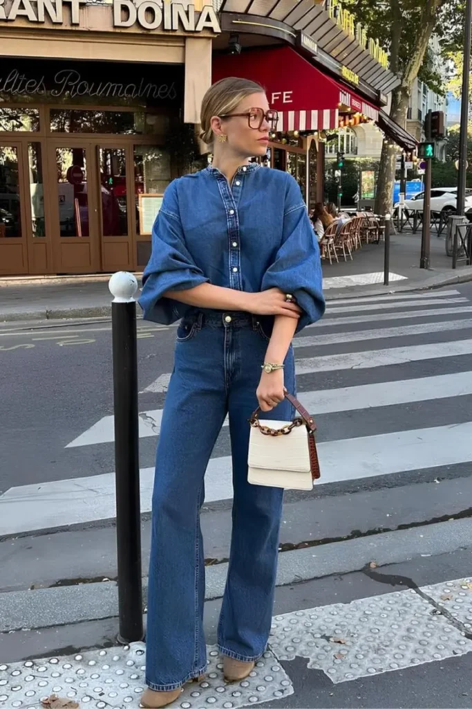 Spring Outfit Ideas in cream flare jeans, a cropped camel blazer, and a brown long-sleeve top, finished with a baseball cap and mini bag.
