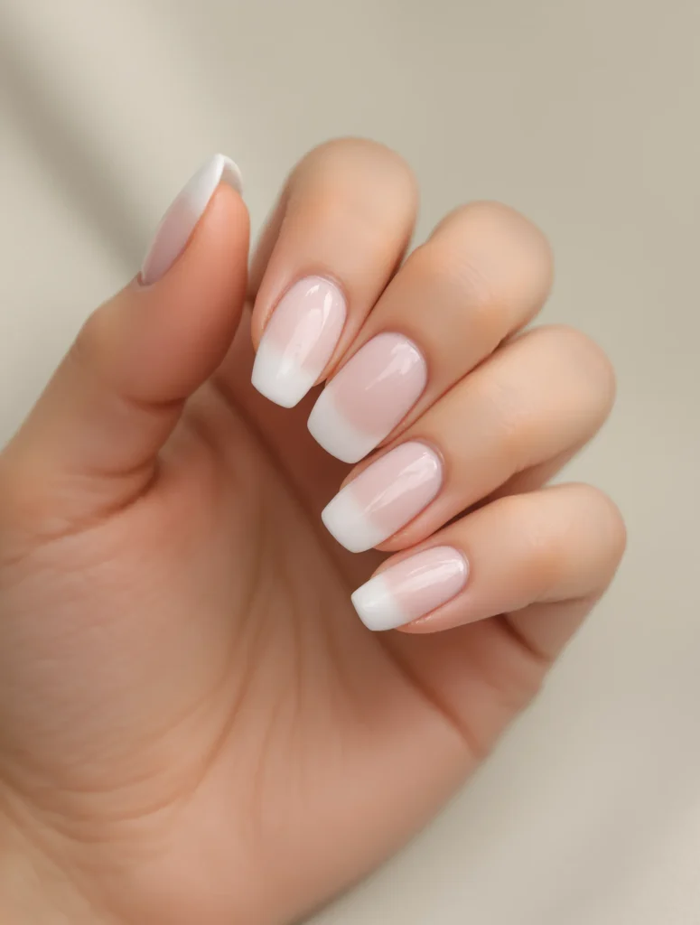 Subtle ombre White Summer Nails in a squared French tip style, delivering a clean and sophisticated vibe.