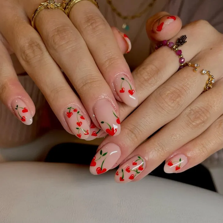 Glossy almond nude nails decorated with heart-shaped cherry nail art.