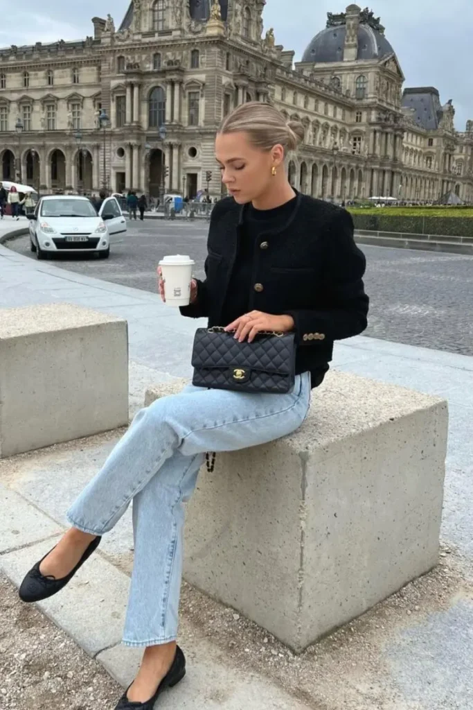 Spring Outfit Ideas styled with a classic black jacket, straight-leg jeans, and ballet flats, completed with a quilted Chanel bag in front of the Louvre.