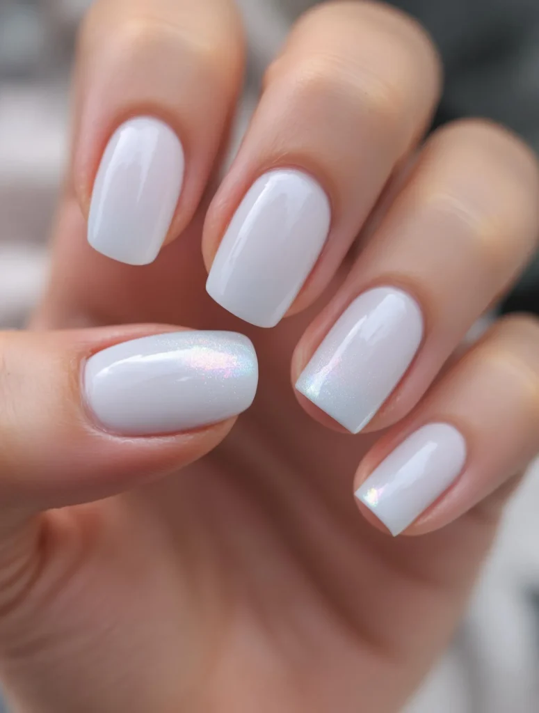 Short square White Summer Nails with a subtle shimmer finish, perfect for a clean and polished seasonal look.