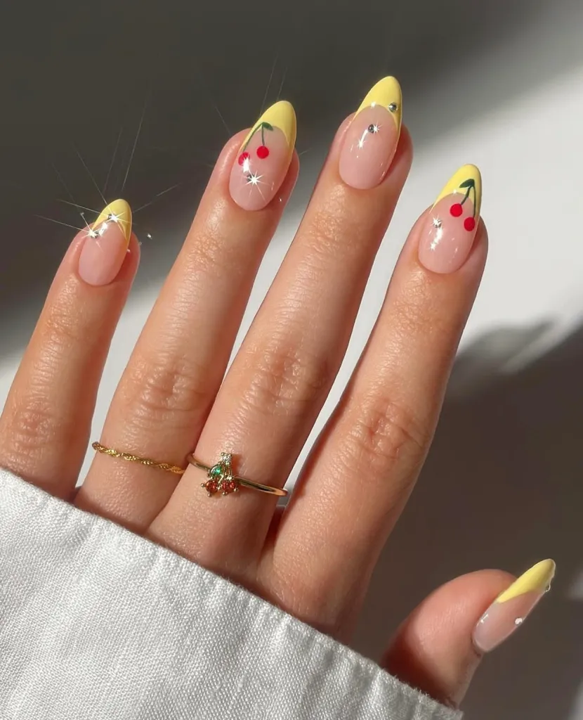 Almond nails with yellow French tips, rhinestones, and bright cherry nail art.
