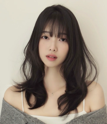 Hairstyles for Medium Length Hair with tousled waves, long feathered layers, and light curtain bangs for a fresh Korean-inspired vibe.