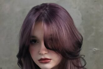 Woman with layered lavender hair blending into jet black ends — a dreamy and mysterious style for Fall Hair Colors.