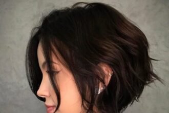 Side profile of a textured short bob with soft waves, perfect example of cute hairstyles for short hair.