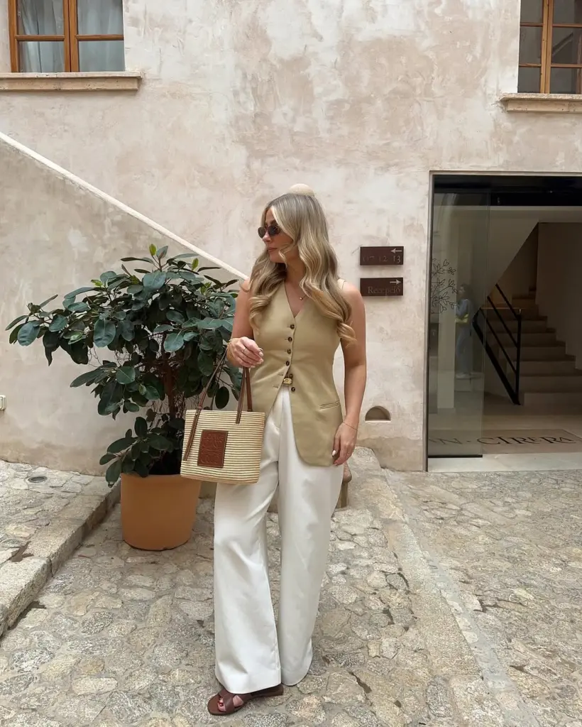 A woman in a sleeveless beige buttoned vest and wide white trousers, holding a striped straw tote and wearing brown sandals — European summer style.
