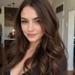 A woman with long, rich brown hair styled in soft waves, showing a deep, shiny brown hair color idea with subtle highlights.