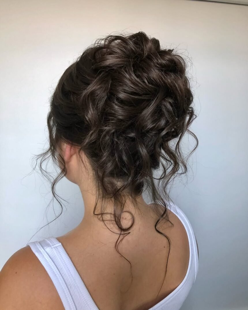 Elegant hairstyle in a tousled, textured updo with romantic face-framing tendrils.