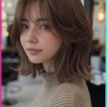 Cute Hairstyles for Short Hair showing off a textured bob with layered ends and wispy bangs, styled with a cozy ribbed sweater.