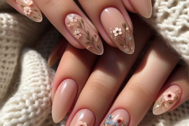 Neutral summer nails featuring delicate wildflower art over a nude base, with a soft almond shape for an earthy romantic vibe.