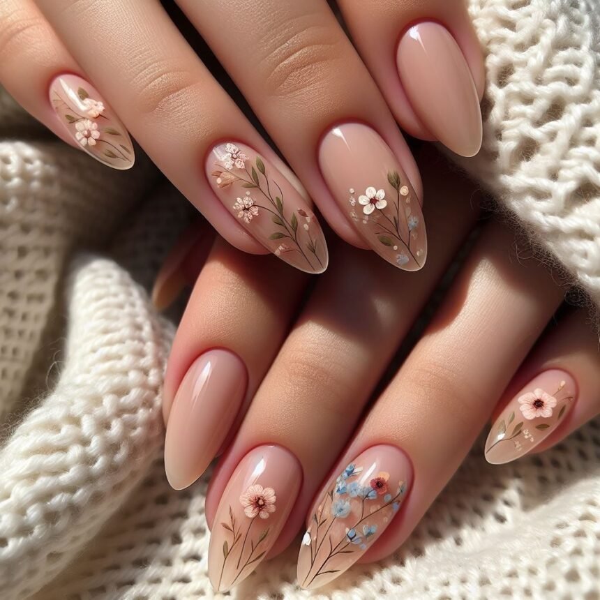 Neutral summer nails featuring delicate wildflower art over a nude base, with a soft almond shape for an earthy romantic vibe.