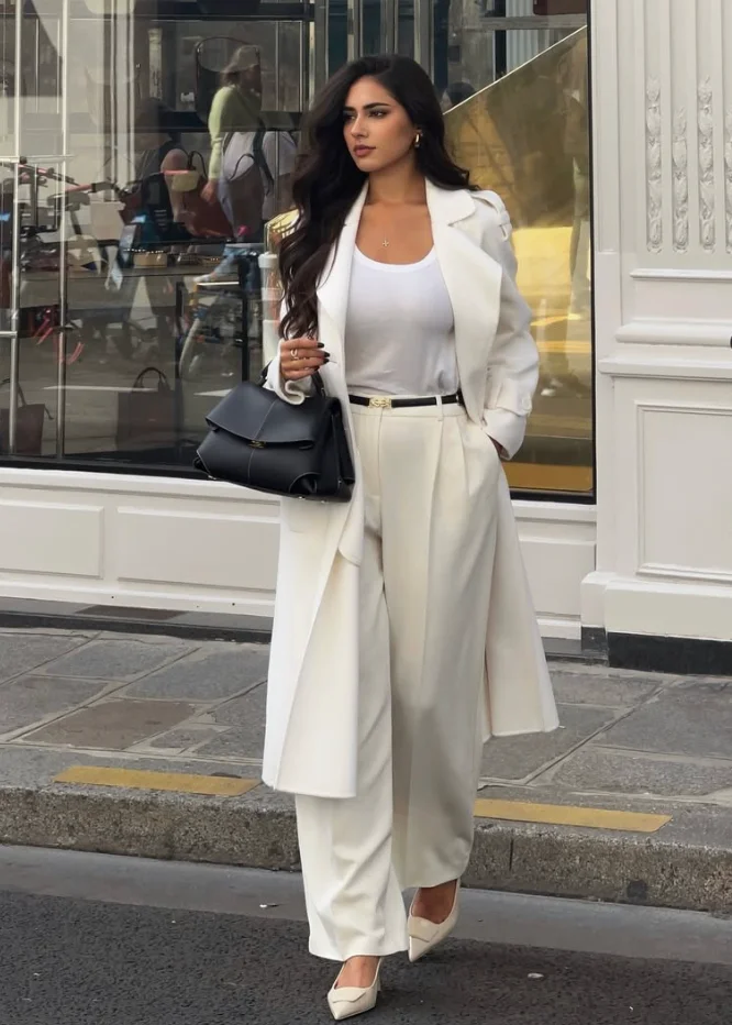 Stylish White Pants Outfits featuring a chic long white coat, wide-leg white pants, and a white top paired with pointed heels and a black handbag.