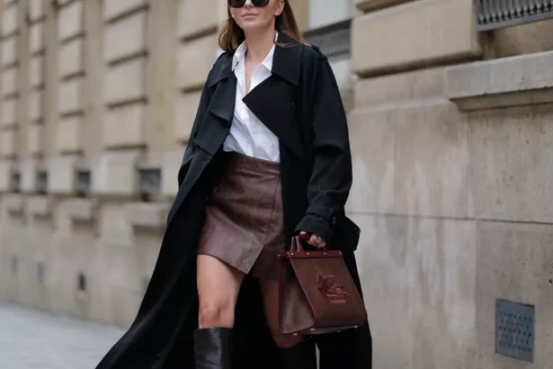 Fashion-forward trench coat outfit styled with casual chic elements.