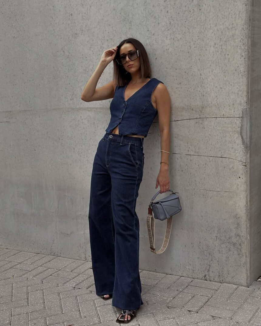 Waistcoat outfit styled with a denim cropped waistcoat paired with high-waisted wide-leg jeans, black sandals, and a gray structured handbag.